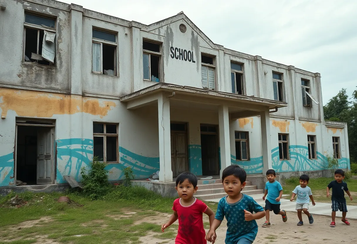 A school building with visible environmental health issues such as mold and damaged paint.