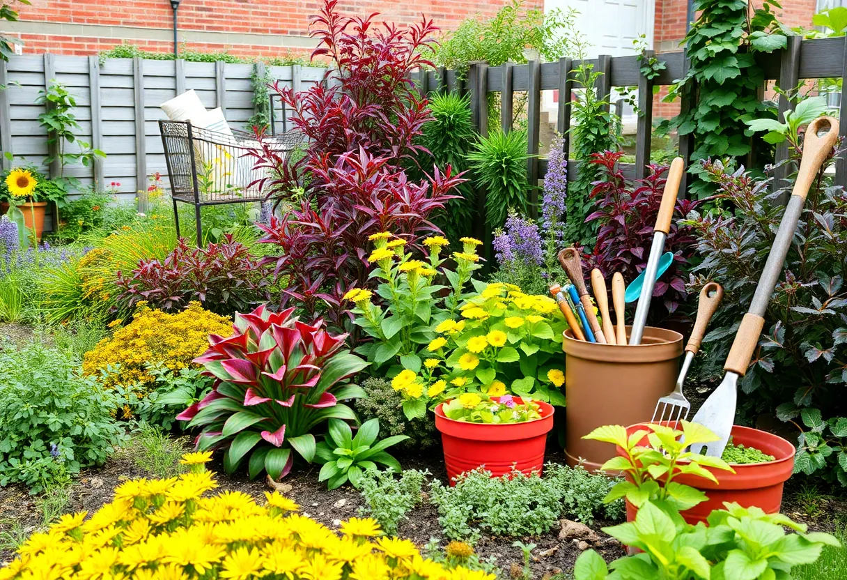 A well-maintained Philadelphia garden demonstrating various seasonal plants.