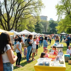 A community health fair in Philadelphia with various booths and happy attendees participating in activities.