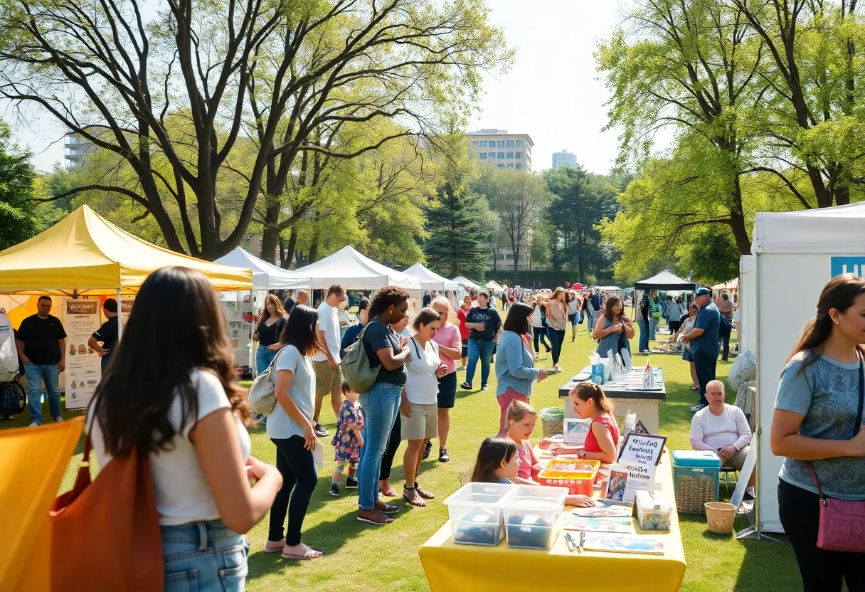 A community health fair in Philadelphia with various booths and happy attendees participating in activities.