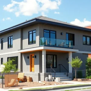 A newly built home in Philadelphia with construction workers on site.