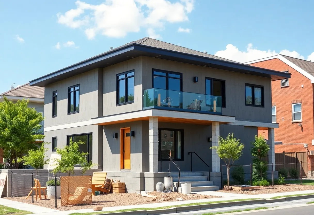 A newly built home in Philadelphia with construction workers on site.