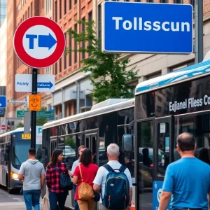Busy street in Philadelphia with public transport signs and commuters waiting for buses