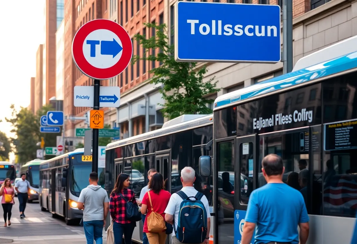 Busy street in Philadelphia with public transport signs and commuters waiting for buses