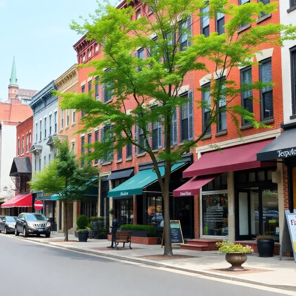 A colorful street view of a Philadelphia neighborhood with shops and parks.
