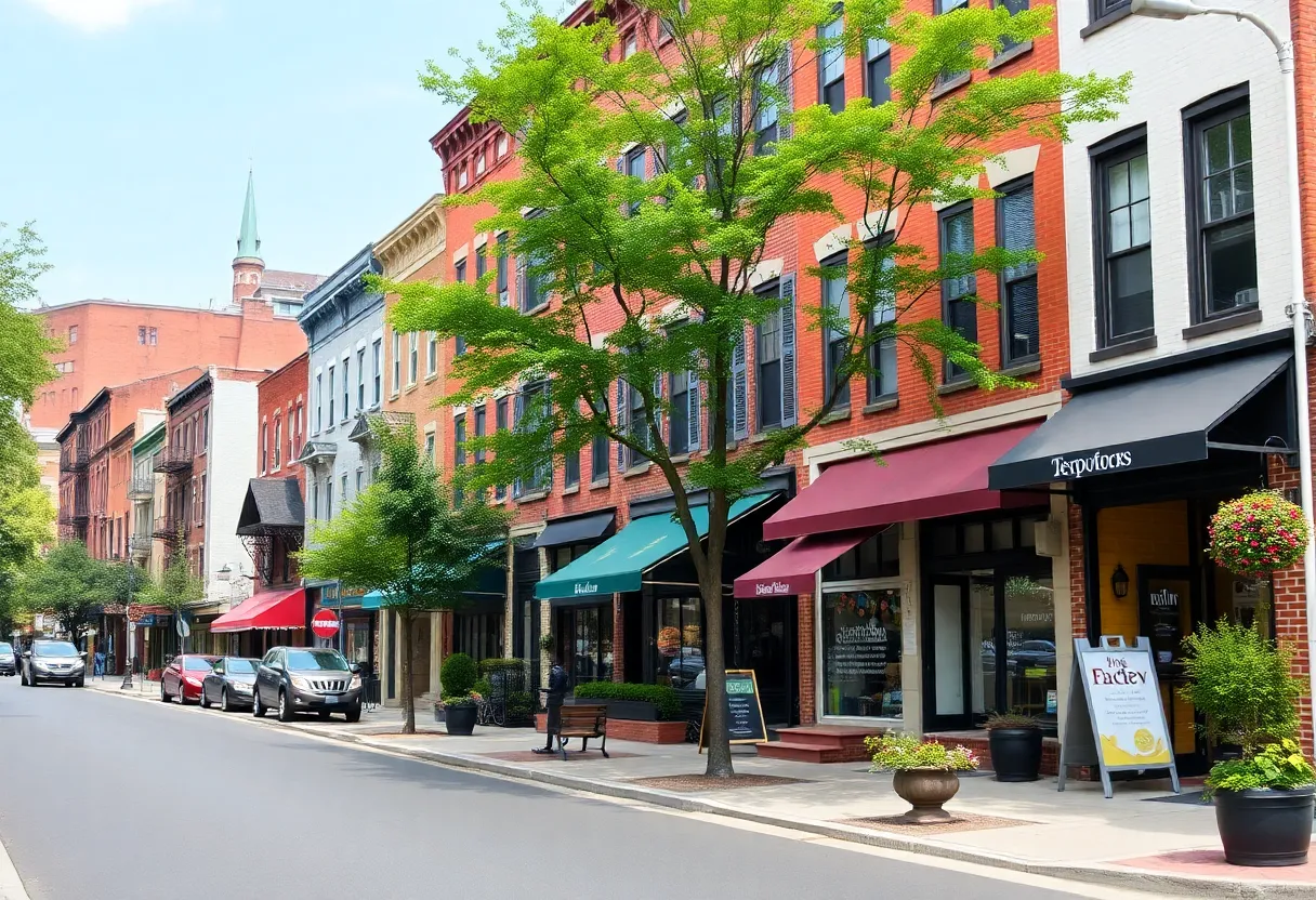A colorful street view of a Philadelphia neighborhood with shops and parks.