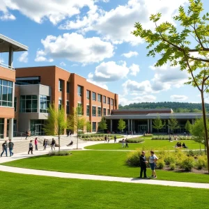 Modern high school campus in Pittsburgh with students and greenery