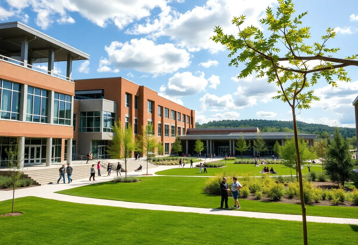 Modern high school campus in Pittsburgh with students and greenery