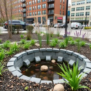 A vibrant rain garden in Philadelphia, featuring native plants and stormwater management features.