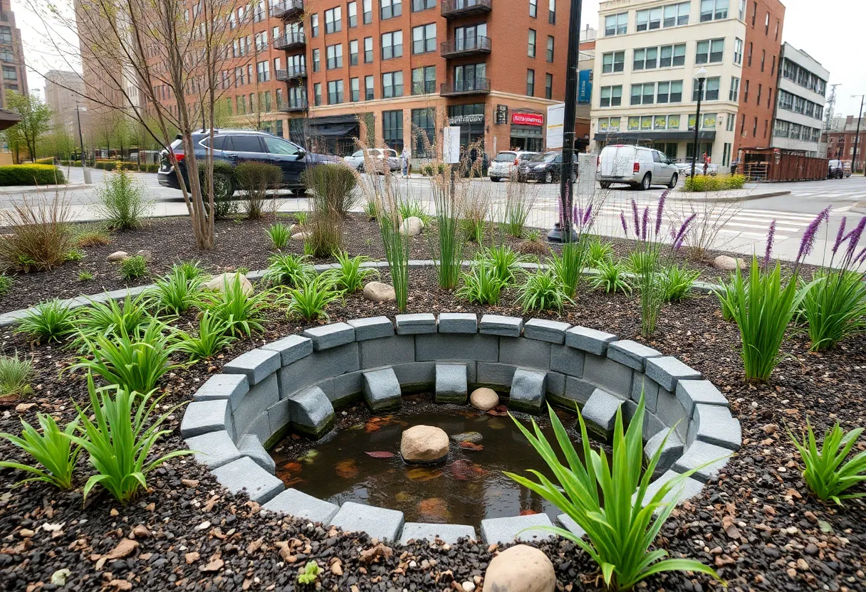 A vibrant rain garden in Philadelphia, featuring native plants and stormwater management features.