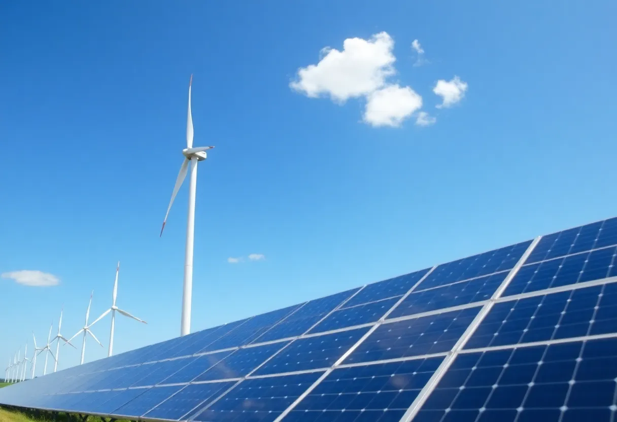 Wind turbines and solar panels in a renewable energy farm