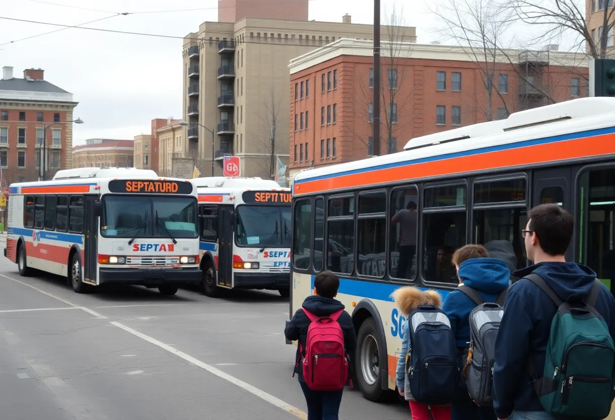 Philadelphia SEPTA buses on a city street with students waiting.