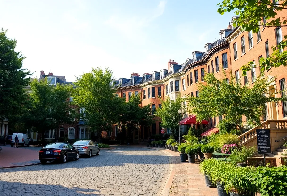 Historic neighborhood Society Hill in Philadelphia with cobblestone streets and colonial architecture.