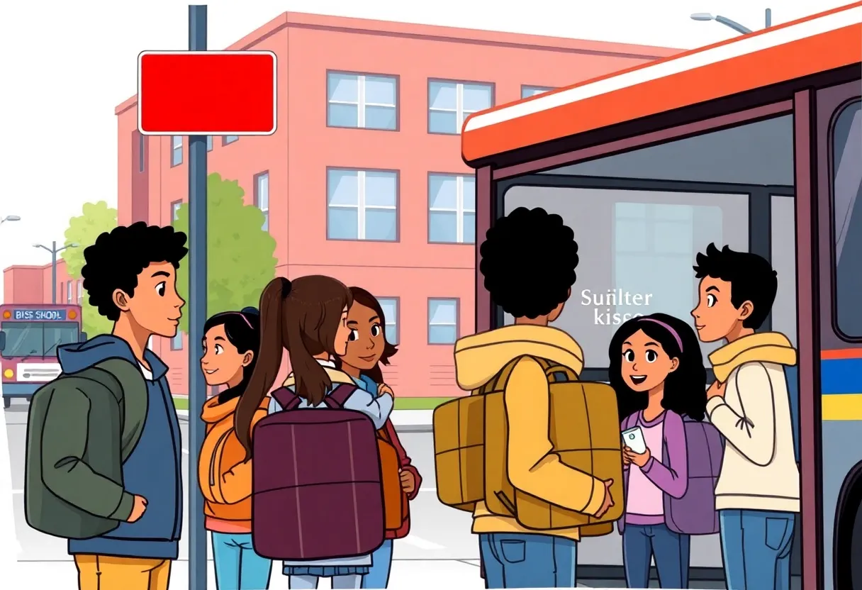 Students at a bus stop waiting for transportation to school.
