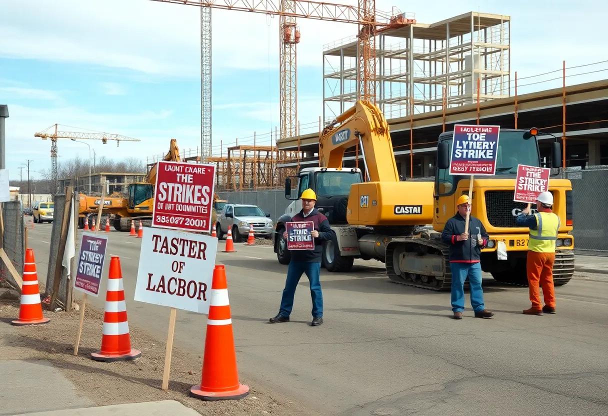 Workers on strike at a construction site in Tri-Cities