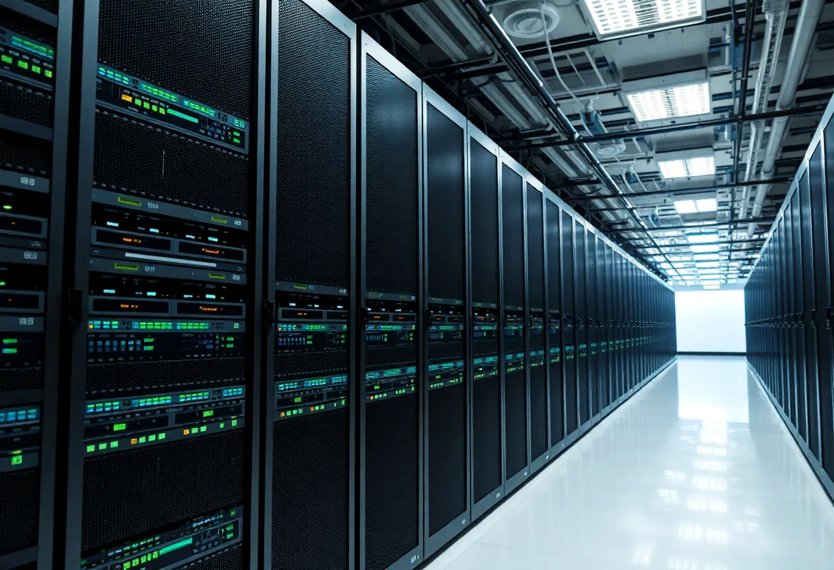 Interior view of AI supercomputer data center with GPU nodes