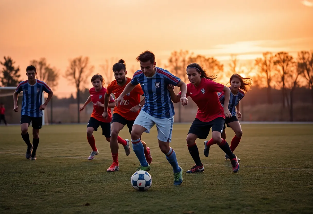 WashU men's soccer team engaged in practice on the field