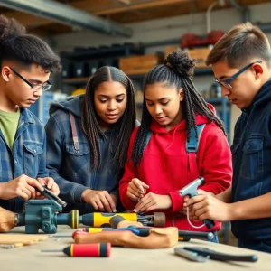 Teenagers learning trade skills in a workshop.