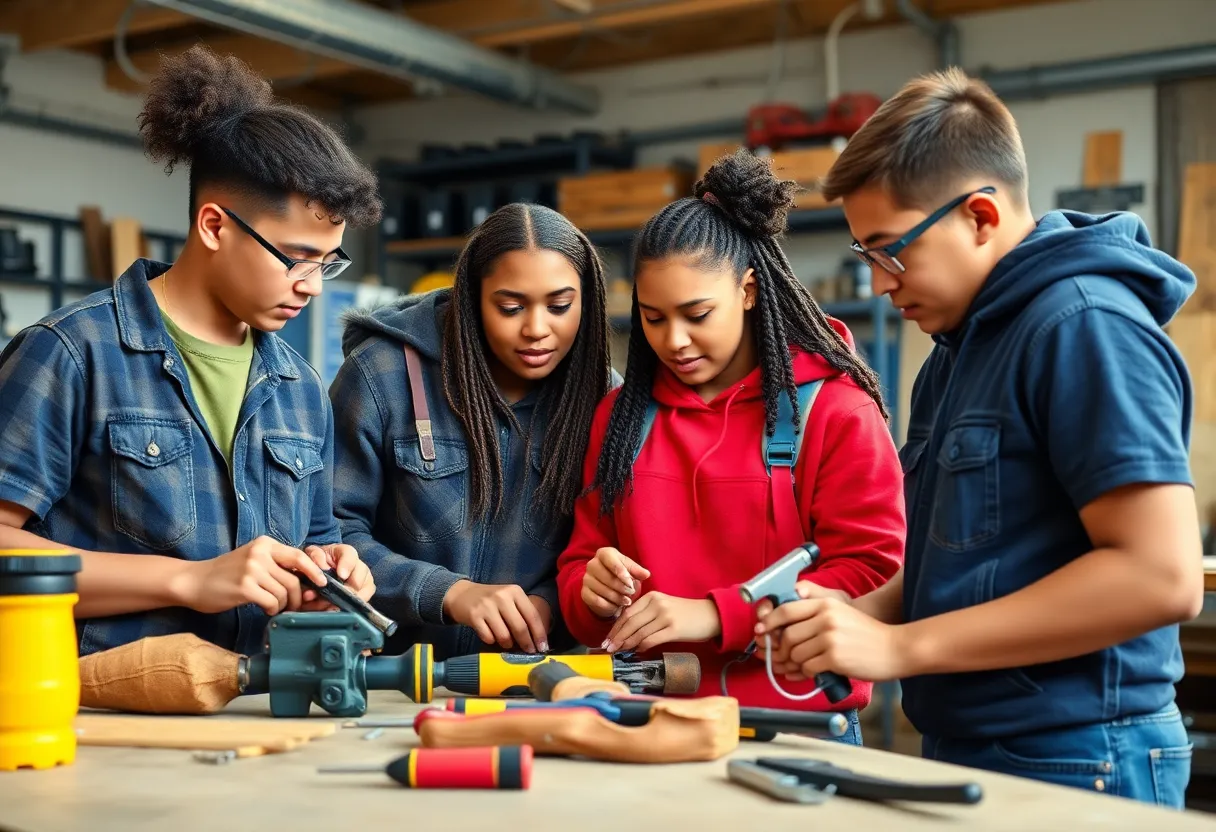 Teenagers learning trade skills in a workshop.