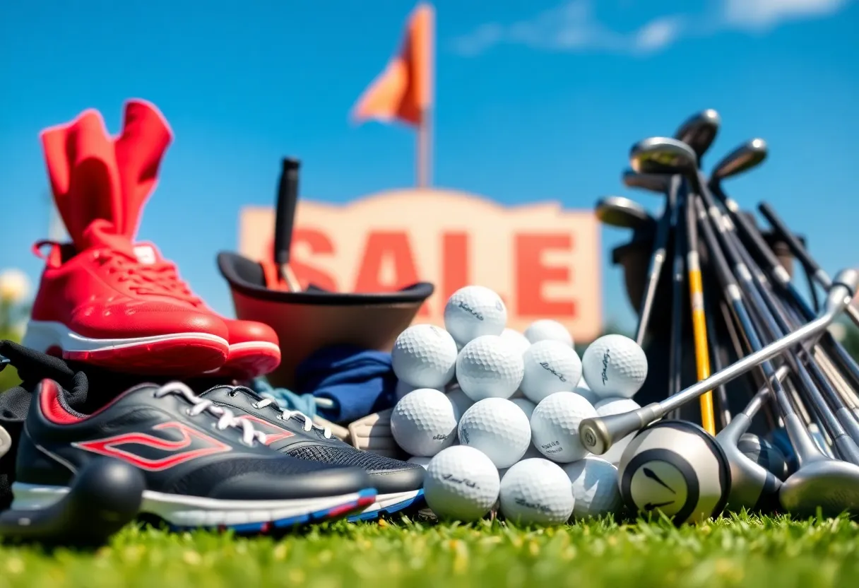 Golfers on a spring day with golf equipment on sale