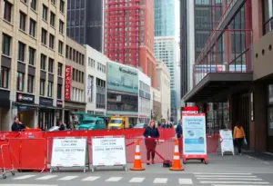 Construction site in downtown Augusta showing barriers and heavy equipment