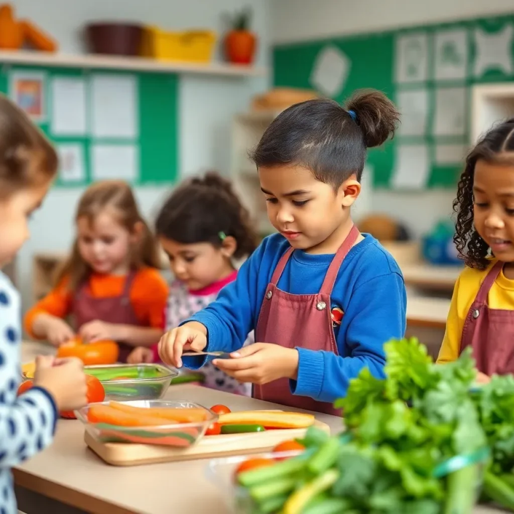 Students participating in a nutrition education activity using fresh ingredients.