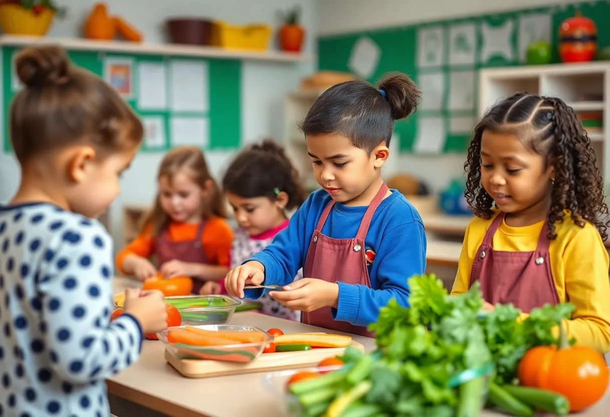 Students participating in a nutrition education activity using fresh ingredients.
