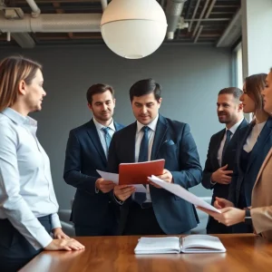 Group of construction lawyers collaborating in a modern office