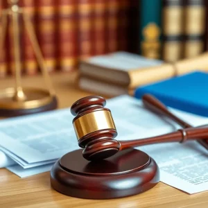 Gavel and legal documents on a university desk
