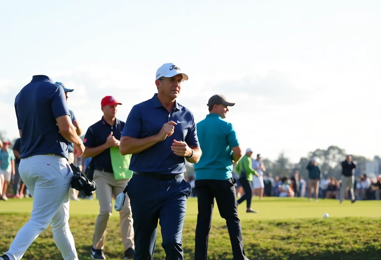 Golf tournament scene with participants at a golf course