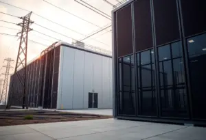 A data center with power lines showcasing energy infrastructure.