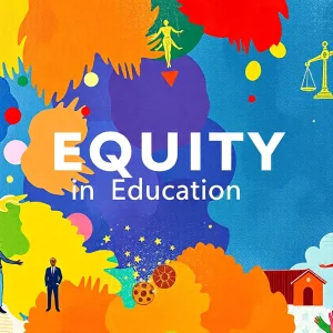 An abstract depiction representing diversity and equity in education through colorful shapes and symbols.