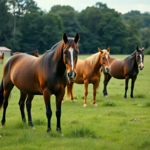 Horses grazing in a community field