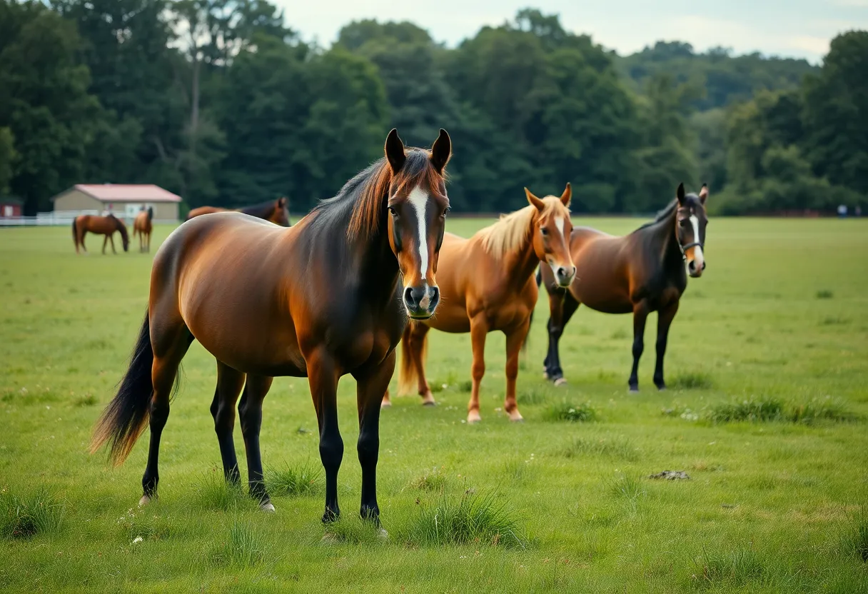 Horses grazing in a community field