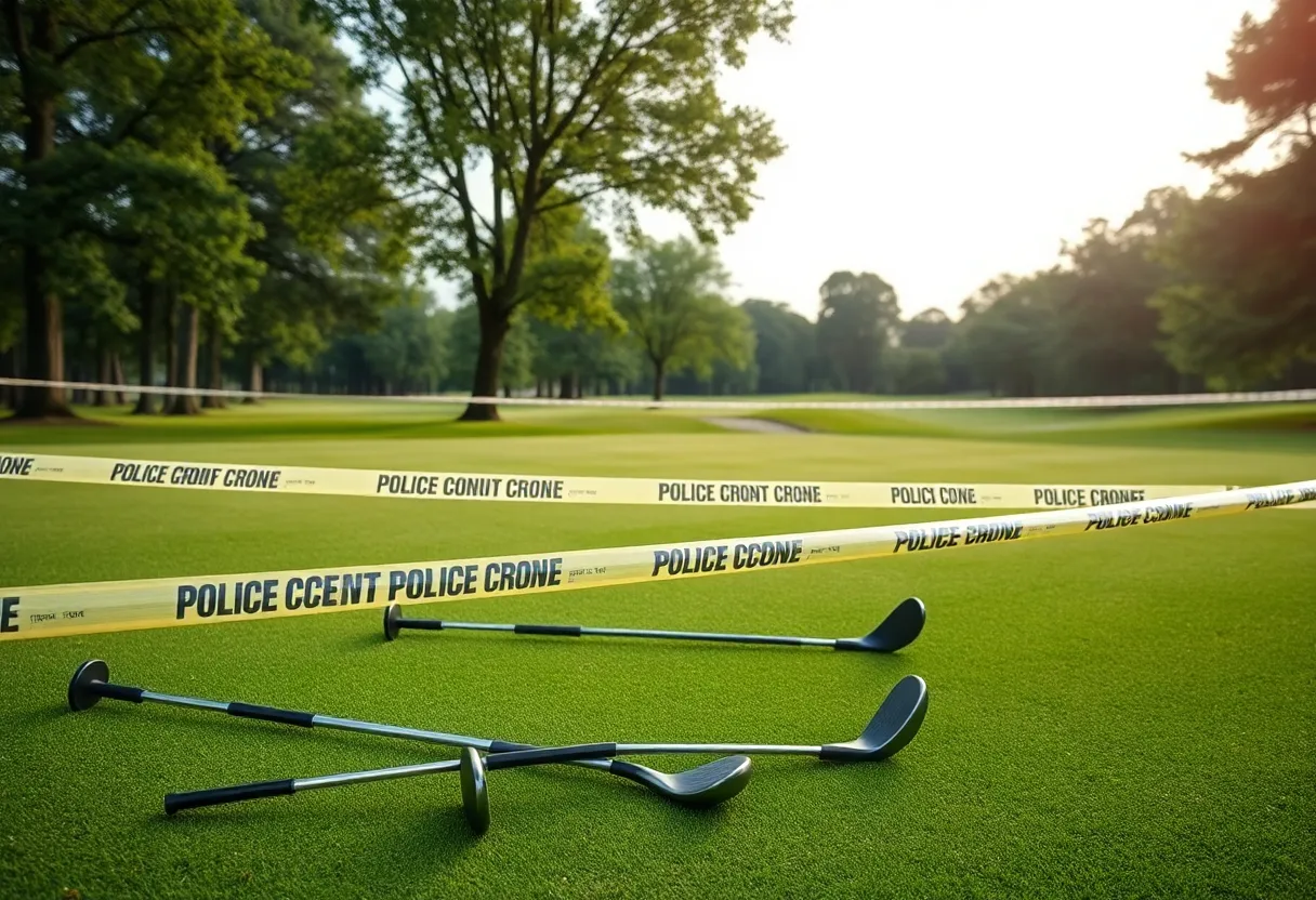 Golf course with police tape marking a crime scene