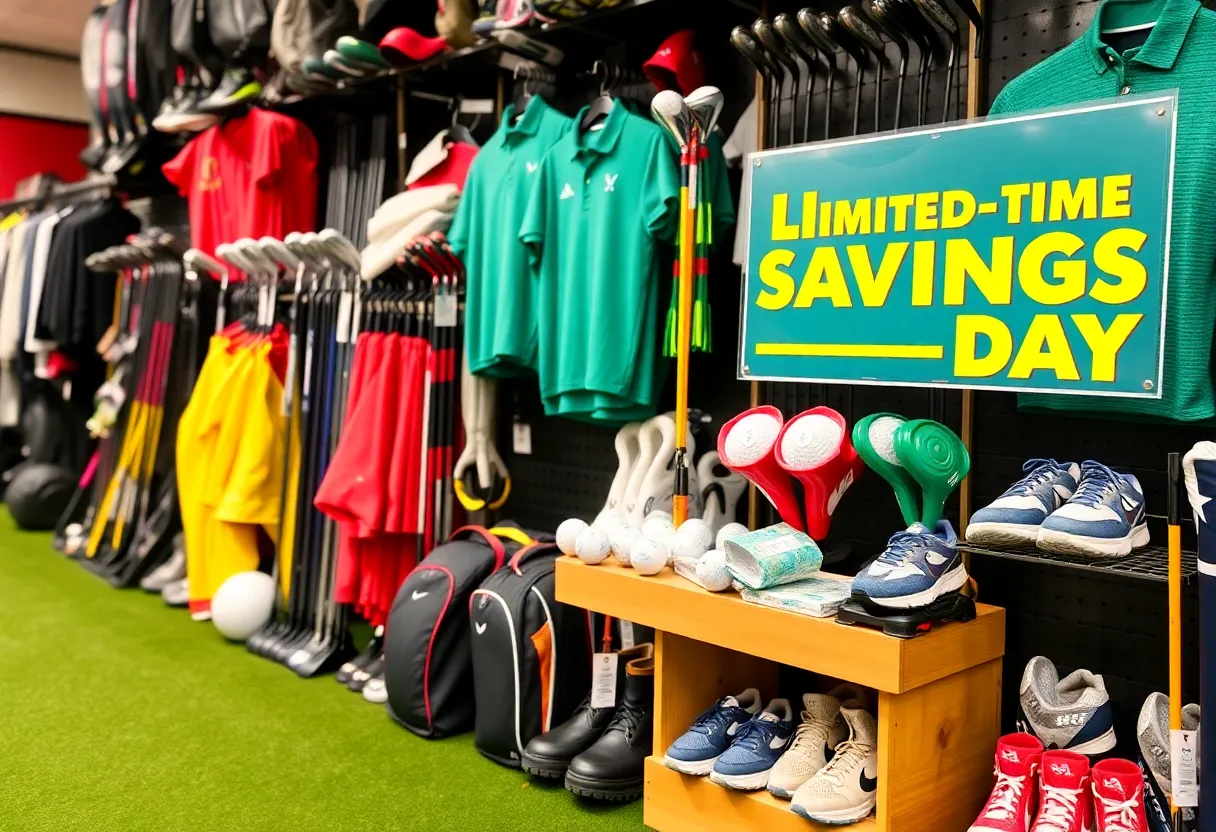 Display of various golf equipment in PGA Tour Superstore
