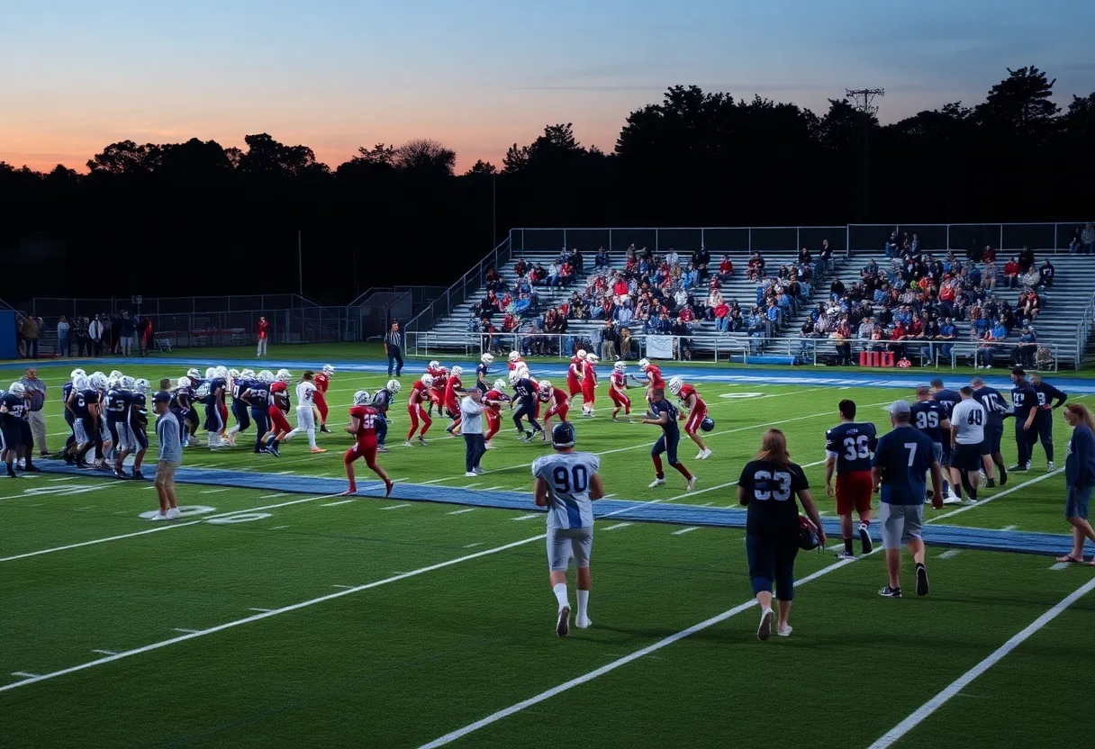 High school football teams in action during a game night