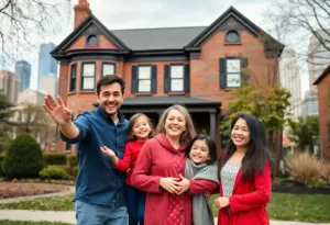 A family proudly stands in front of their new home in Philadelphia