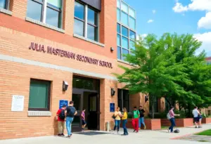Exterior view of Julia R. Masterman Secondary School with diverse students.