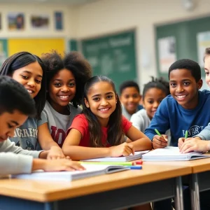 Group of diverse students collaborating in a classroom at Julia R. Masterman School