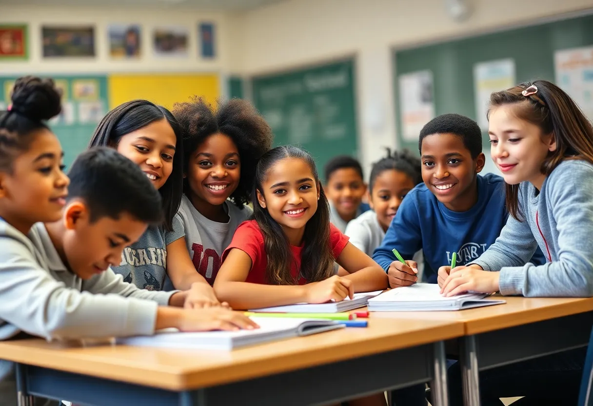 Group of diverse students collaborating in a classroom at Julia R. Masterman School