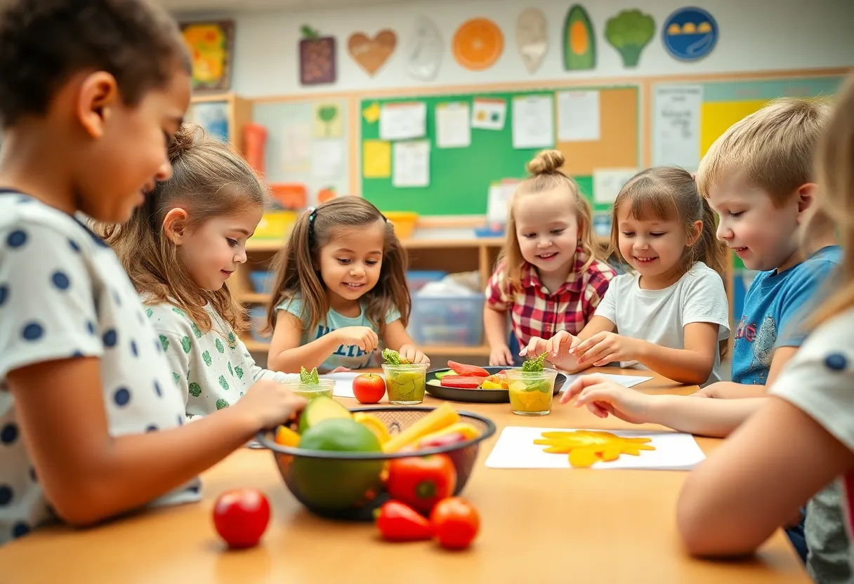 Children enjoying nutrition education activities in a classroom.