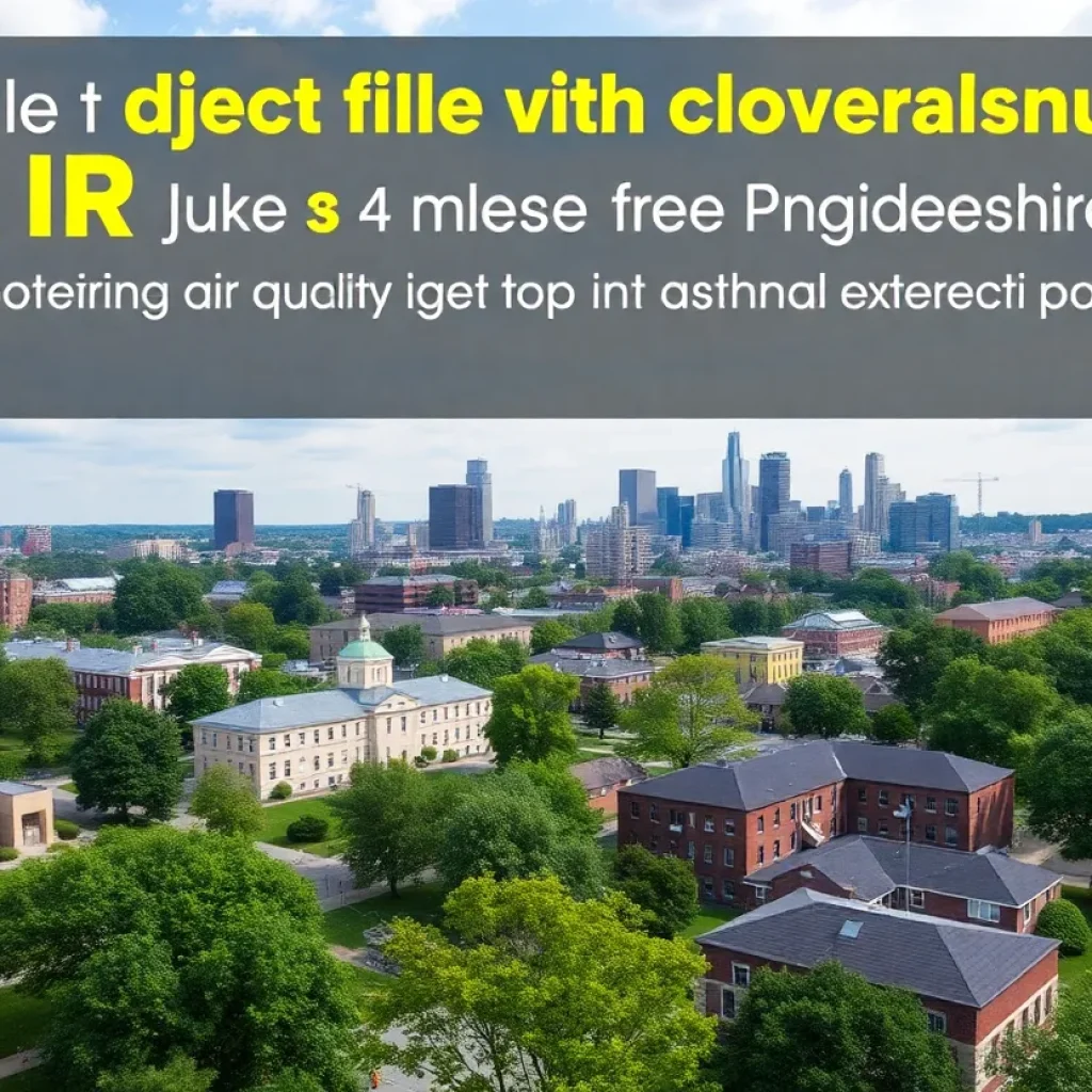 Cityscape of Philadelphia emphasizing school buildings and greenery pertinent to asthma challenges.