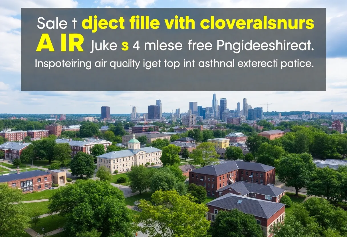 Cityscape of Philadelphia emphasizing school buildings and greenery pertinent to asthma challenges.
