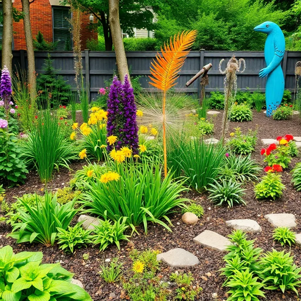 A Philadelphia garden showcasing native plants, water features, and art installations.