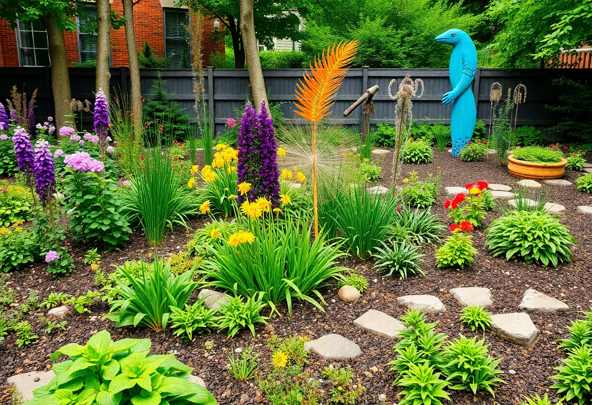 A Philadelphia garden showcasing native plants, water features, and art installations.