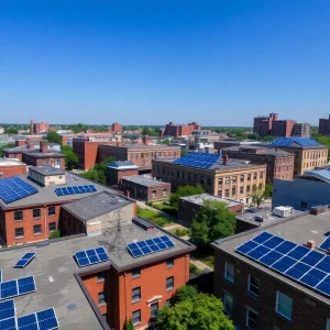 Aerial view of solar panels on Philadelphia school rooftops