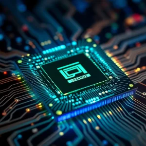 A futuristic quantum chip with glowing circuits representing data transmission.