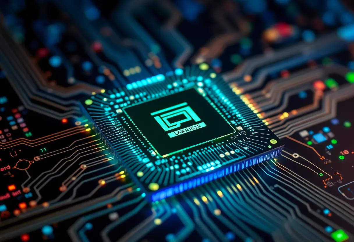 A futuristic quantum chip with glowing circuits representing data transmission.