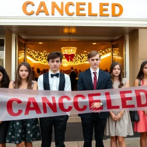 Students in formal attire standing outside an empty venue after a canceled homecoming dance